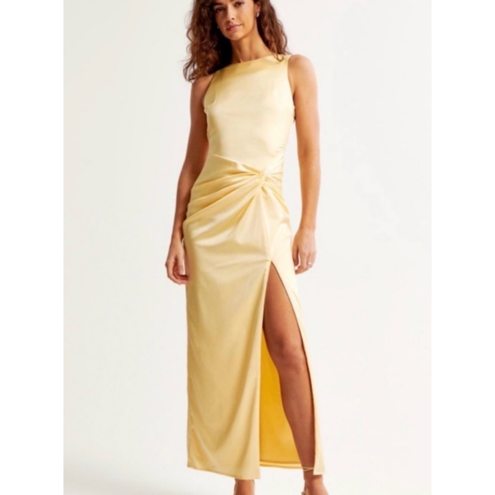 Abercrombie & Fitch Knot Split Yellow Satin Dress Wedding Guest Size Small Tall